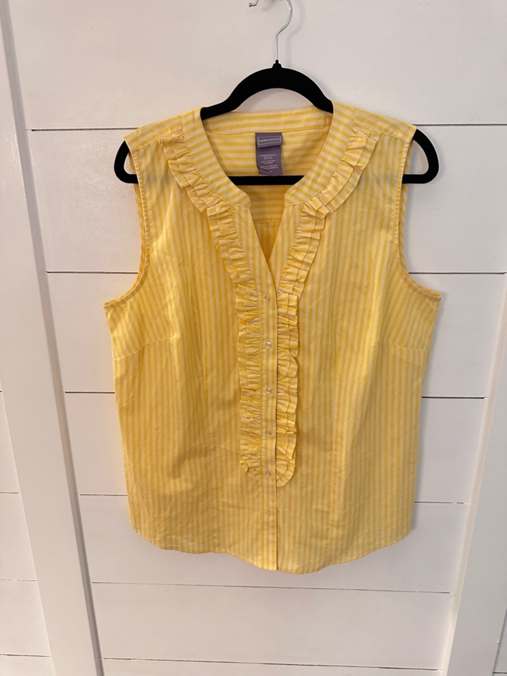 Laura Scott L 100% cotton yellow stripe ruffle classic euro summer coastal tank